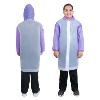 Allextreme EVA Kids Hooded Raincoat for 10 to 14 Years Water Resistant Full-Sleeve Poncho with Adjustable Hood Drawstring Full Length Rainwear Boys & Girls (1 Pc, Purple & White)