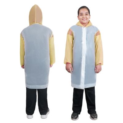 Allextreme EVA Kids Hooded Raincoat for 10 to 14 Years Water Resistant Full-Sleeve Poncho with Adjustable Hood Drawstring Full Length Rainwear Boys & Girls (1 Pc, Yellow & White)