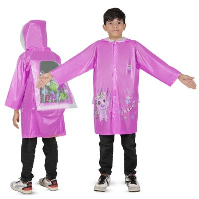 Allextreme Raincoat for Kids 6-7 Years Long Rain Jacket Boys Girls Rainsuit Waterproof Children Rainwear with Hood School Bag Cover & Carry Pouch (1Pc, XL, Unicorn Print, Light Pink)
