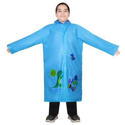 Allextreme Raincoat for Kids 11-12 Years Long Rain Jacket Boys Girls Rainsuit Waterproof Children Rainwear with Hood School Bag Cover & Carry Pouch (Pack of 1, 3XL, Dino Print, Blue)