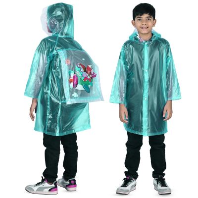 Allextreme Raincoat for Kids 11-12 Years Long Rain Jacket Boys Girls Rainsuit Waterproof Children Rainwear with Hood School Bag Cover & Carry Pouch (Airplane Print, 3XL, Green, 1pc)