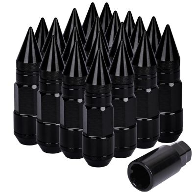 AllExtreme M12x1.5mm Wheel Nuts Close End Steel Aluminum Alloy Extended Lug Nut Set with Spike & Key for Cars Wheels Tyres (20Pcs, Black Colour)