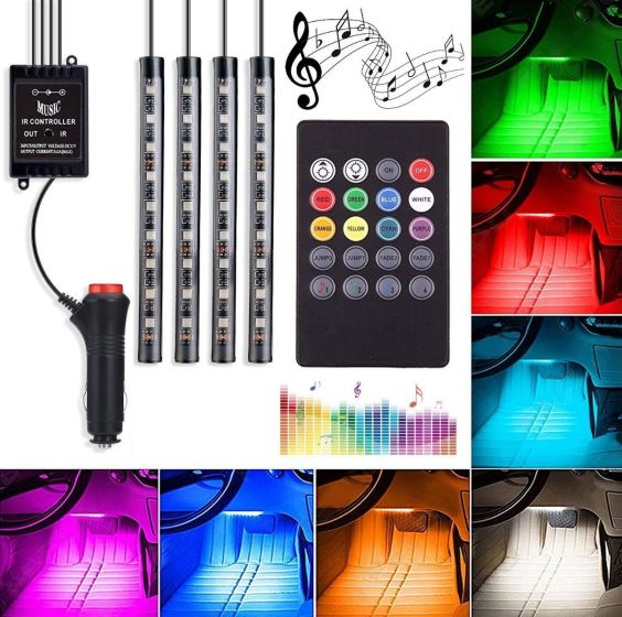 4x 9 LED Multi-Colour Car Interior Floor Decorative Light with Car Charger and Sounds Activated Wireless IR Remote Control (12W)