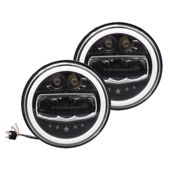 Allextreme EX7WH02 75W Full Ring Round White LED Headlight 7 Inch Hi/Low Beam Angel Eye Lamp Compatible with Bullet/Harley Davidson/Jeep Wrangler (White & Yellow, Pack of 2)