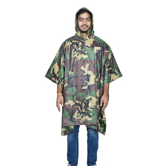 Allextreme Poncho Raincoat Hooded PU Rainwear Foldable Polyester Windbreaker Military Impermeable Jacket for Outdoor Hiking Camping - Army Green