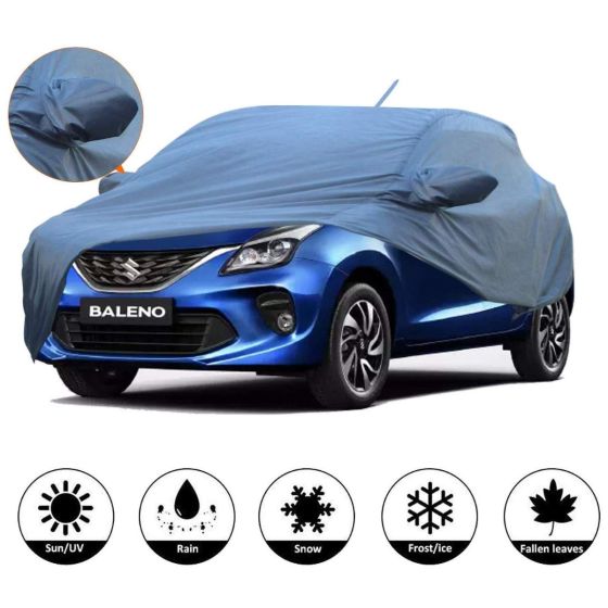 AllExtreme BN7006 Car Body Cover for Maruti Suzuki Baleno with Antenna Pocket Custom Fit Water Resistant Rain Dust Heat for Indoor Outdoor Protection (Blue with Mirror)