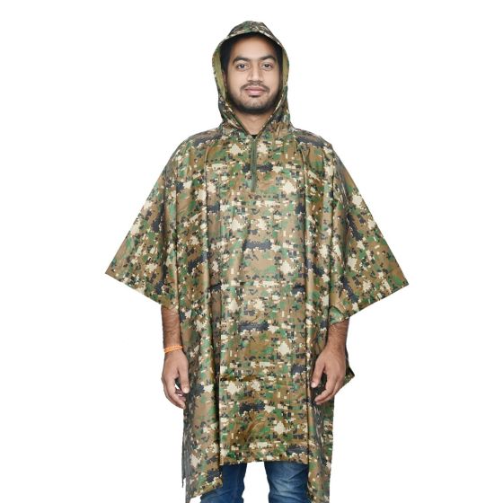 Allextreme Poncho Raincoat Hooded PU Rainwear Foldable Polyester Windbreaker Heavy Duty Military Impermeable Jacket for Outdoor Hiking Camping - Army Green