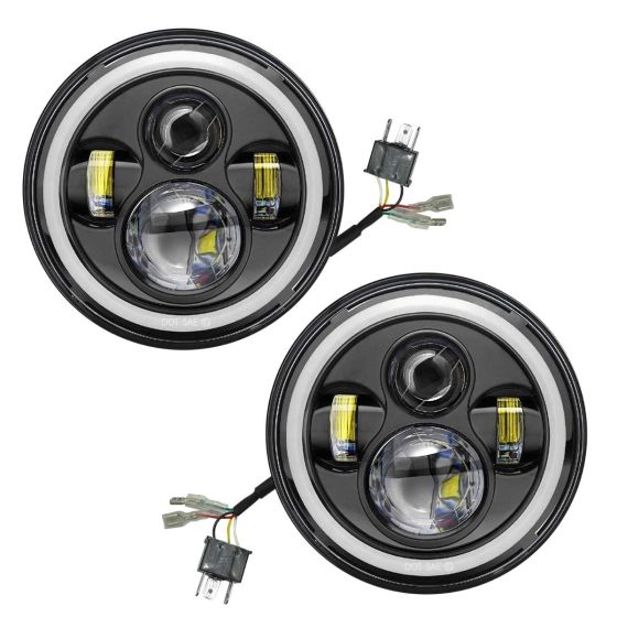 Allextreme EX7ITC2 7 Inch Full Ring Round White LED Headlight with Hi/Low Beam Tricolour Angel Eye Lamp Compatible with Bullet, Harley Davidson Jeep Wrangler (75W, Pack of 2)