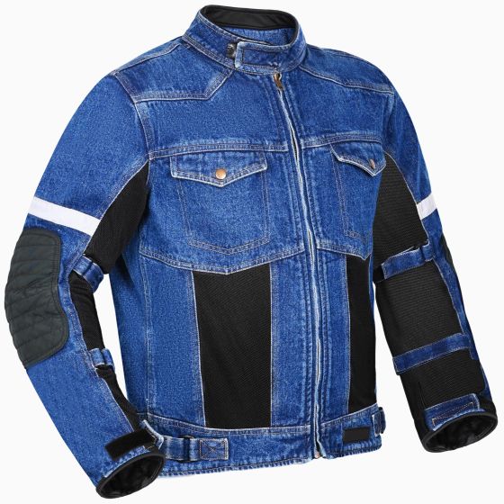 AllExtreme Denim Bike Riding Jacket CE Level 2 Protector Racer Armour with Night Visibility Sticker Shoulder Back Elbow Protection Abrasion Resistance Motorcycle Biker Gear for Men (XL, Blue)