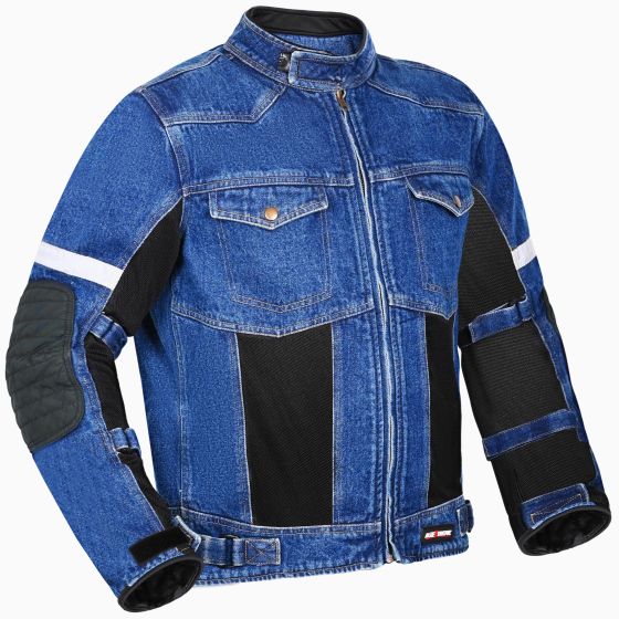 AllExtreme Denim Bike Riding Jacket CE Level 2 Protector Racer Armour with Night Visibility Sticker Shoulder Back Elbow Protection Abrasion Resistance Motorcycle Biker Gear for Men (M, Blue)