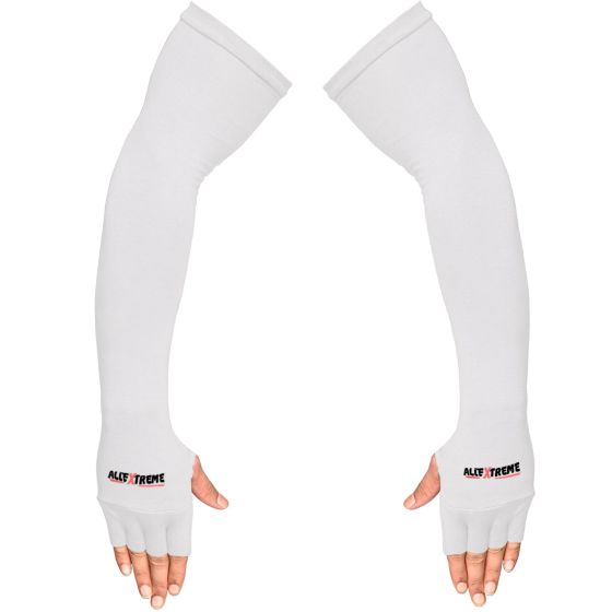 Allextreme Full Arm Sleeves with Thumb for Riders UV Sun Protection Sweat Absorbing Quick Dry Hand Cover for Men & Women Sport Biking Hiking Cycling Running Protective Bike Riding Gear (White, 1 Pair)