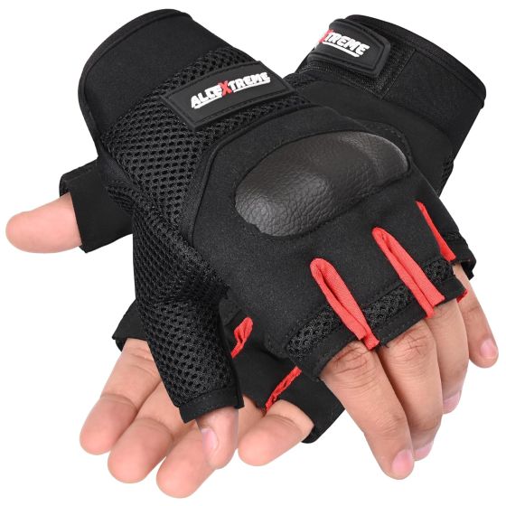 Allextreme Half Finger Riding Gloves for Bikers Strong Knuckle Protection Anti-Skid Palm Grip & Breathable Mesh Bike Hand Glove for Motorcycle Cycling Hiking Climbing Mountaineering (Black Red, L)