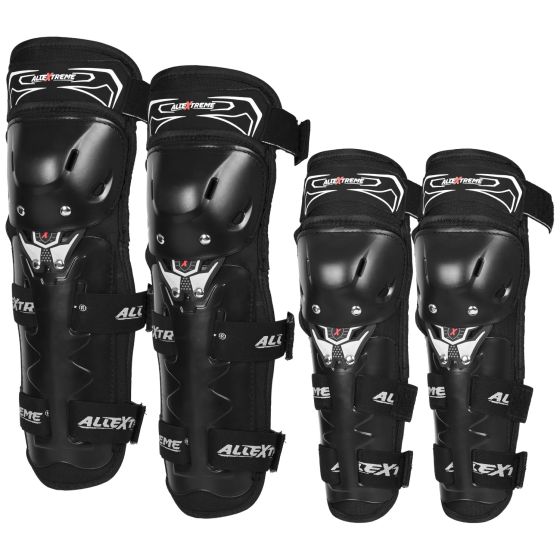 Allextreme Knee and Elbow Pads with Adjustable Knee-Cap Pads 2 in 1 Protector Armor & Shin Guards Motocross Motorcycle Protective Gear for Adult Kids (Set of 4, Black)