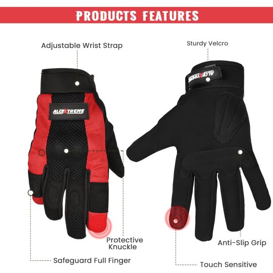 Allextreme Full Finger Bike Riding Gloves for Rider | Breathable Mesh Motorcycle Gloves with Knuckle Guard & Screen Touch Feature | Anti-Skid Grip Comfortable Riding Gear for Bikers (M, Black & Red)