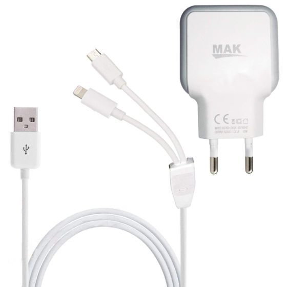 ALLEXTREME MAK0010 3.1 A Dual Micro USB Wall Mobile Charger Travel Adapter with AutoID Technology and Data Transfer Cable for Android, iOS Smartphone (White)