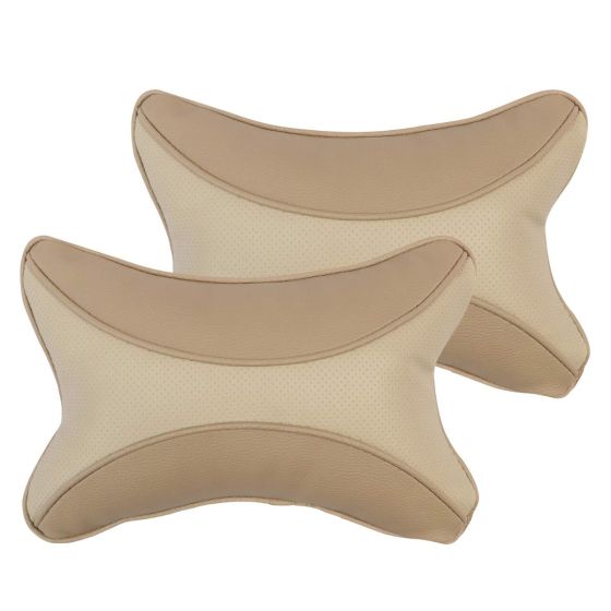 Allextreme EXNP003 PU Leather Car Neck Rest Pillows Headrest Cushions Set for all Cars Travel Seat (2 PCS) (Model 3, Beige & Cream)