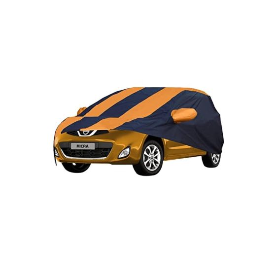 Allextreme NR5003 Car Body Cover Compatible with Nissan Micra Custom Fit Dustproof UV Heat Resistant Indoor Outdoor Body Protection (Navy Blue & Orange with Mirror)