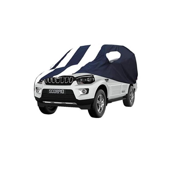 Allextreme MSZ5005 Car Body Cover Compatible with Mahindra Scorpio Custom Fit Dustproof UV Heat Resistant Indoor Outdoor Body Protection (Navy Blue & White with Mirror)
