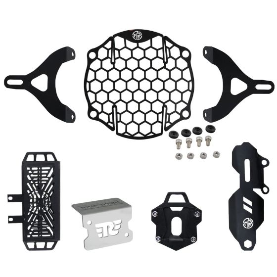 AllExtreme EXTD05 Headlight Grill Set Combo Pack with Protective Cover for Motorcycle Parts - Rear Master Cylinder, Headlight, Side stand Base Extender & Radiator (Black)