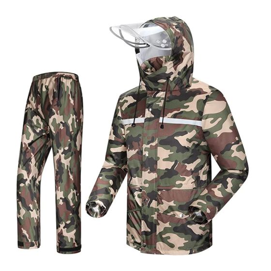 Allextreme Reusable Two-Piece Raincoat With Transparent Face Shield Detachable Hood Two Pockets Carry Pouch Water Resistant Buttoned Rain Jacket (EXMK002-02XXXL)