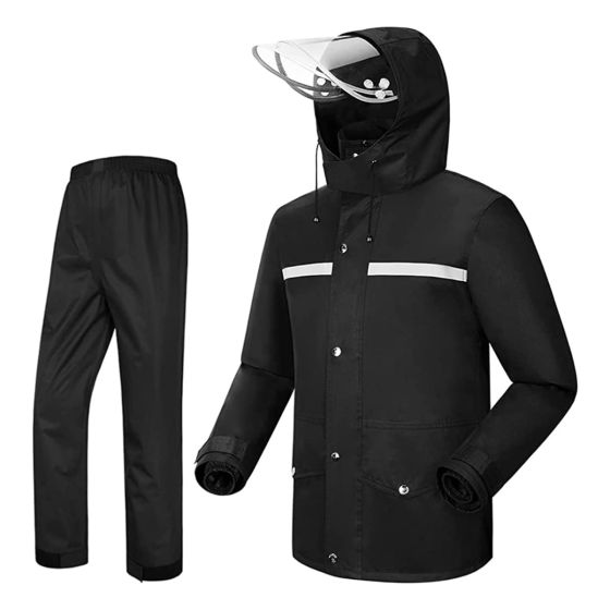 AllExtreme Two-Piece Rain Suit with Transparent Face Shield Detachable Hood Two Pockets Men Water Resistant Rain Jacket with Carry Pouch (M, Black)