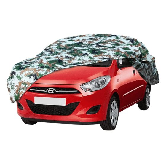 AllExtreme HO5007 100% Tested Waterproof Car Body Cover Compatible with Hyundai Old i20 Triple Stitched UV Heat Resistant Indoor Outdoor Body Protection (Army Print with Mirror)