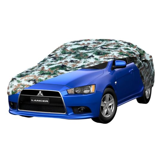 AllExtreme MLK5007 100% Tested Waterproof Car Body Cover Compatible with Mitsubishi Lancer Triple Stitched UV Heat Resistant Indoor Outdoor Body Protection (Army Print with Mirror)