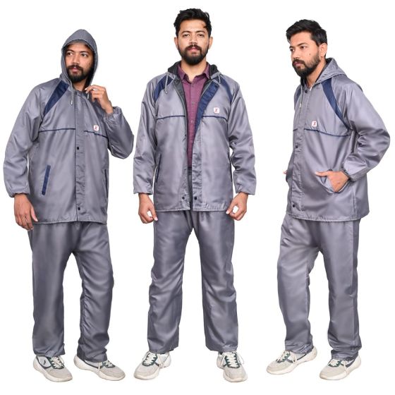 AllExtreme Two-Piece Raincoat with Adjustable Drawstring Hood Two Pockets Men Water Resistant Rain Jacket (XXL, Grey)