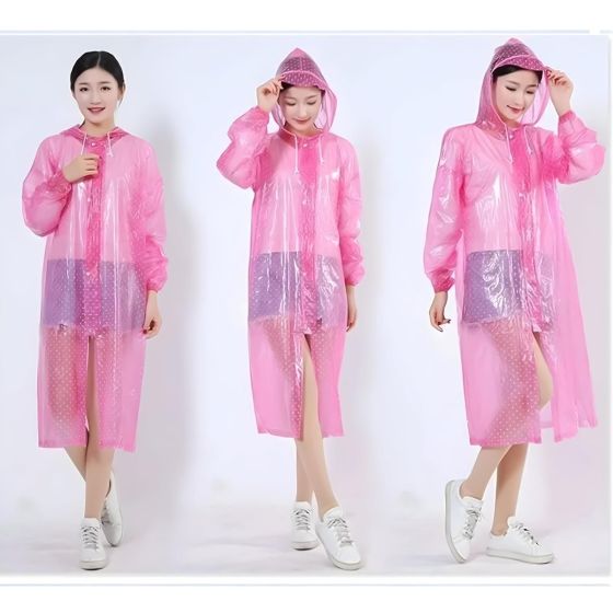 AllExtreme PVC Raincoat Transparent Hooded Water Resistant Rain Jacket with Sleeves for Women Men Camping Rainy Season Travel - Pink