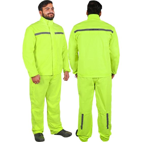 Allextreme Riding Jacket Rain Suit Cover with Pant PU Coated Polyester Fabric Waterproof Gear Rider Protection Raincoat Liner for Men (L & Full Sleeve, Neon Green)