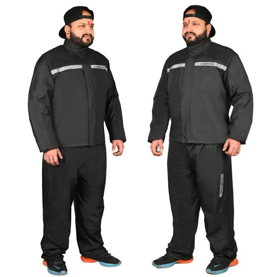 Allextreme Riding Jacket Rain Suit Cover with Pant PU Coated Polyester Fabric Waterproof Biker Rainwear with Full Sleeves for Men's Rider Protection Raincoat (5XL, Black/Grey)