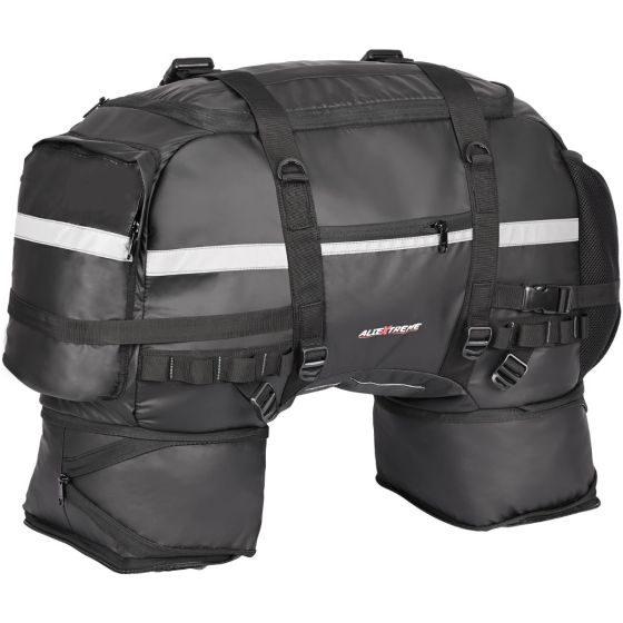 AllExtreme 65L Waterproof Tail Bag Universal Rear Carrier Polyester Saddle Bag with Rain Cover and Expandable Multi Compartment Bags for All Sports Street Bikes Motorcycles (1 Pc, Black)