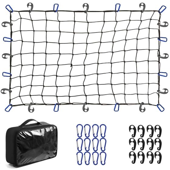 Allextreme Heavy Duty Strong Cargo Net Bungee Cord Roof Rack Luggage Holder Strap Elastic Storage Mesh Rope Container Straps with ABS and D Hooks for Holding Bags