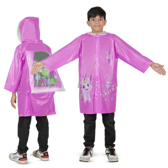 Allextreme Raincoat for Kids 6-7 Years Long Rain Jacket Boys Girls Rainsuit Waterproof Children Rainwear with Hood School Bag Cover & Carry Pouch (1Pc, XL, Unicorn Print, Light Pink)