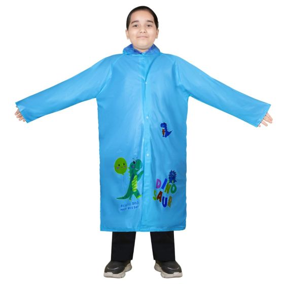 Allextreme Raincoat for Kids 11-12 Years Long Rain Jacket Boys Girls Rainsuit Waterproof Children Rainwear with Hood School Bag Cover & Carry Pouch (Pack of 1, 3XL, Dino Print, Blue)