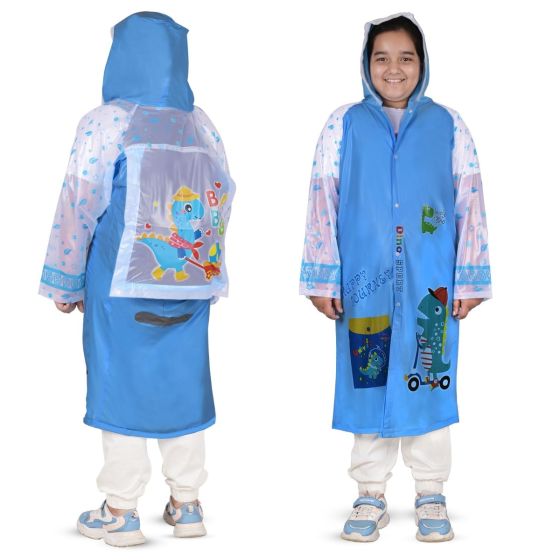Allextreme Raincoat for Kids 13-15 Years Long Rain Jacket Boys Girls Rainsuit Waterproof Children Rainwear with Hood School Bag Cover & Carry Pouch (1Pc, 4XL, Dino Print, Sky Blue)