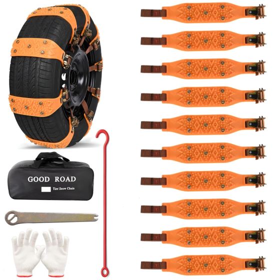 AllExtreme 14.5” Anti-Slip Car Tyre Chain Universal Emergency 5 Nail Anti-Skid Belt Snow & Off-Roading Traction Parts with Storage Bag Chain Hooks and Gloves for Cars SUV Bike (Orange, Pack of 10)