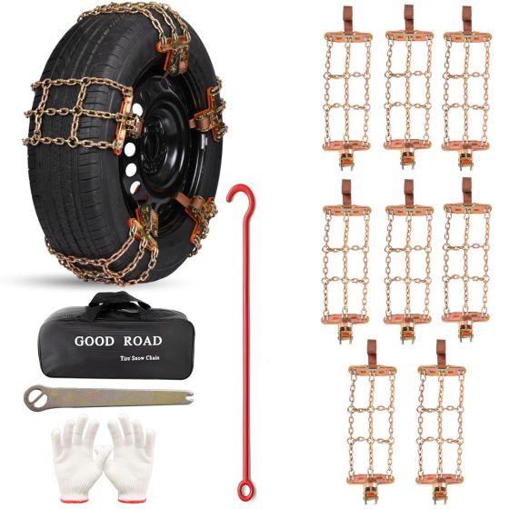 Allextreme 18"Anti-Slip Car Tyre Chain Universal Emergency 3 Chains Anti-Skid Belt Snow & Off-Roading Traction Parts with Storage Bag Chain Hooks and Gloves for Cars SUV Bike (Set of 8, Brown)