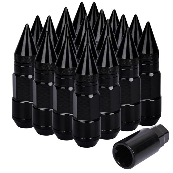 AllExtreme M12x1.5mm Wheel Nuts Close End Steel Aluminum Alloy Extended Lug Nut Set with Spike & Key for Cars Wheels Tyres (20Pcs, Black Colour)