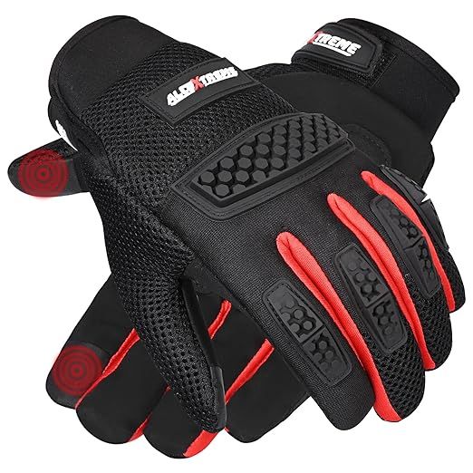 Allextreme Full Finger Bike Riding Gloves with Strong Knuckle Protective Shells Anti-Skid Surface Breathable Mesh Glove for Motorcycle Cycling Climbing Mountaineering Hiking (L, Black Red)