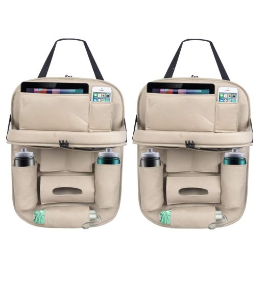 Allextreme EXFTCOA2 Universal PU Leather Auto Car Seat Back Organizer with Foldable Dining Table Tray, Multipocket Storage Tablet, Bottle and Tissue Paper Holder (Beige, 2Pcs)