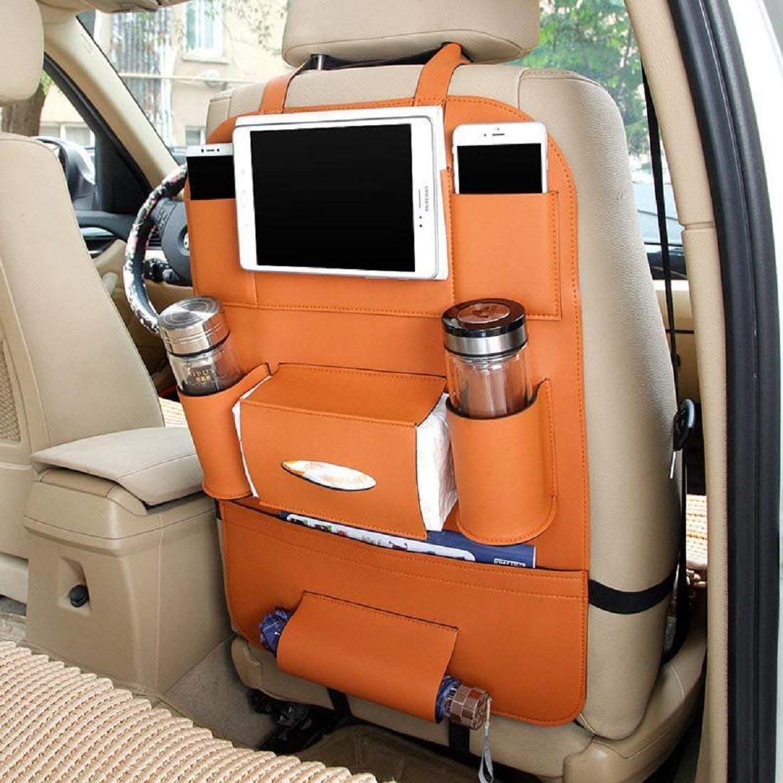 AllExtreme EXCOWPT Universal PU Leather Car Back Seat Organizer Multi  Pocket Backseat Bag with Tissue & Bottle Holder (Tan)